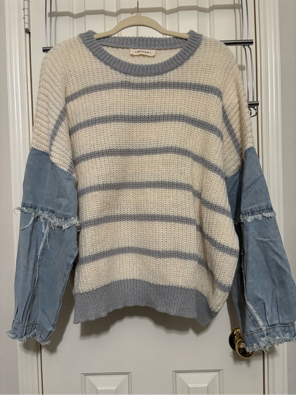 Lavender J Cream & Light Blue Striped Sweater with Denim Sleeves